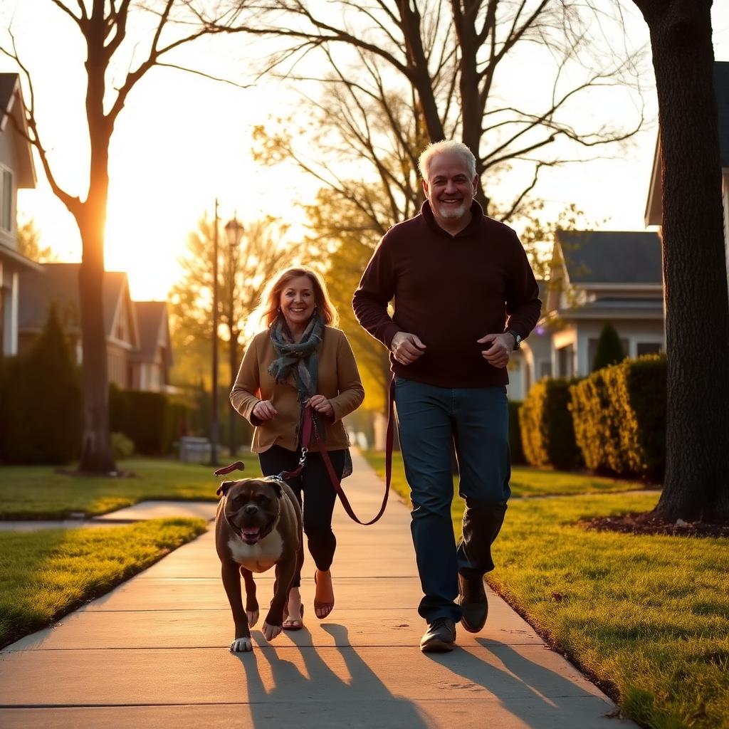 Neighbors walking a dog at golden hour